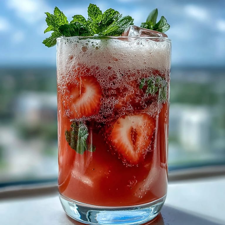 Leuchtend roter Erdbeer-Limonaden-Mocktail mit Zitronenscheiben und Minze, ein erfrischender alkoholfreier Drink für jede Gelegenheit.