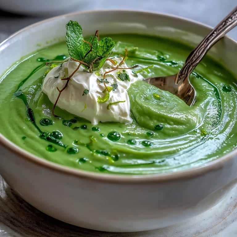 Frischer Erbsensuppe mit cremigem Ricotta und duftendem Minzöl.