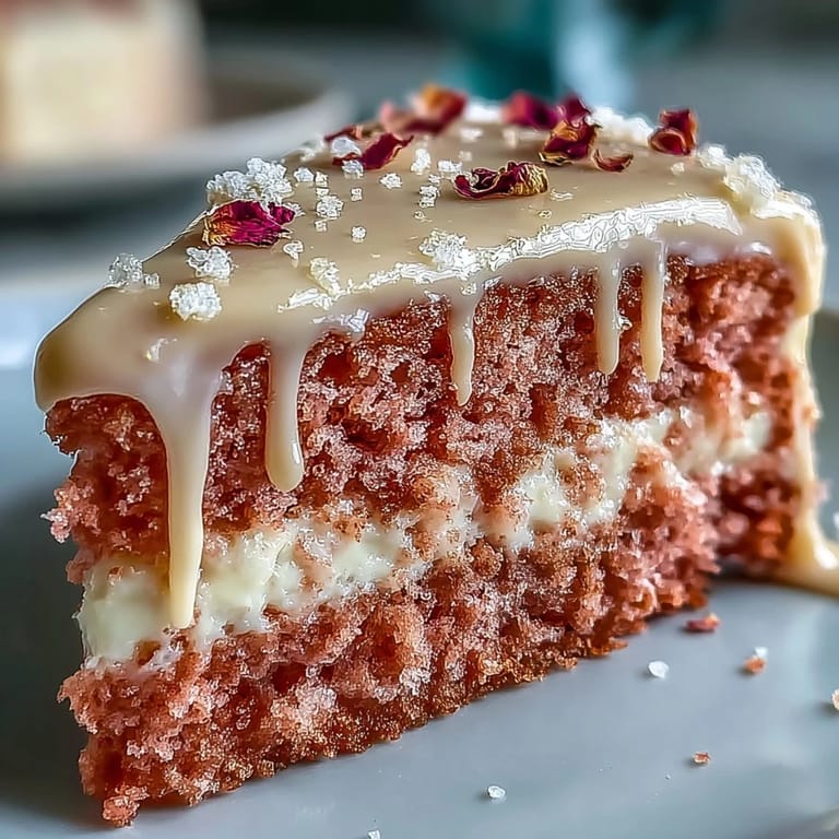Ein zarter roséfarbener Samtkuchen, verfeinert mit Roséwein und verziert mit einem goldenen Glanztropfen.