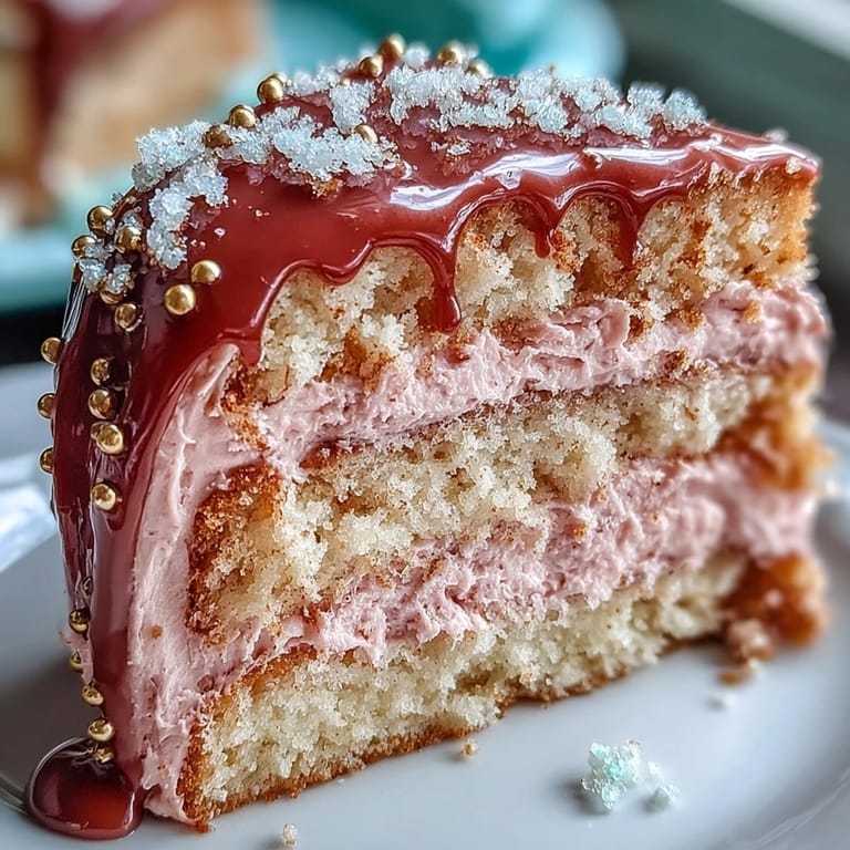 Rosé-Velvet-Kuchen mit goldener Glasur: Zarte rosafarbene Schichten, dekoriert mit goldener Glasur, ideal für Hochzeitsfeiern.