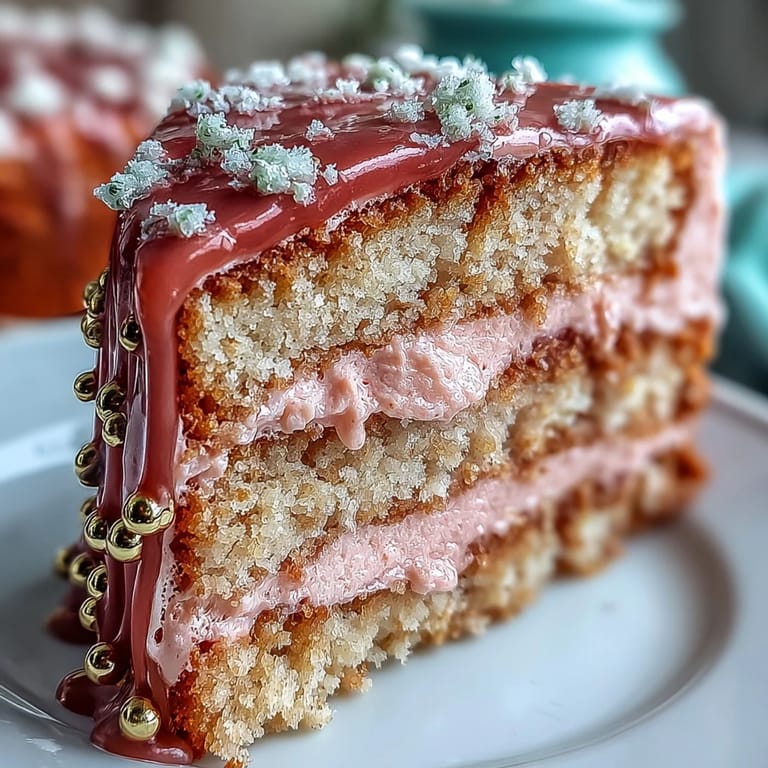 3. Rosa Samtkuchen mit Rosé-Note, dekoriert mit goldener Schokoladenglasur und frischen Beeren, ideal für festliche Feiern.