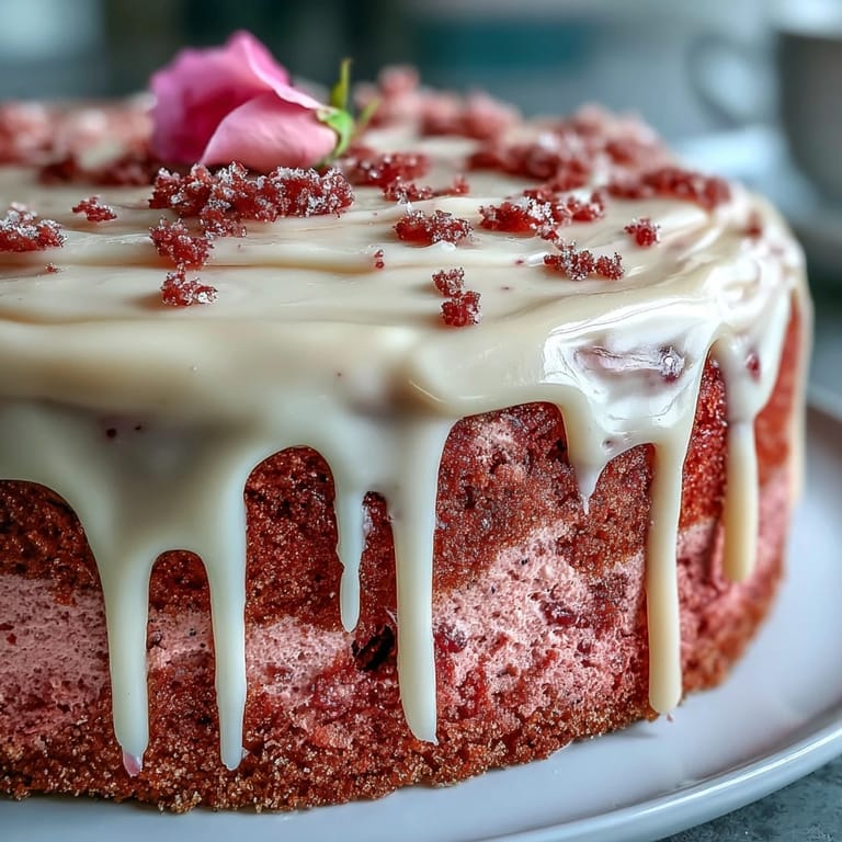 Eleganter Rosé-Velvet-Kuchen mit goldener Glasur: Zarter rosafarbener Biskuit, angereichert mit Roséwein, ummantelt von glatter Frischkäsecreme und glänzenden Goldtropfen.