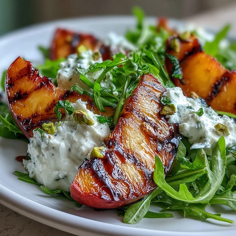 Erfrischender Grilled Peach and Burrata Salad, perfekt garniert für den Sommer.