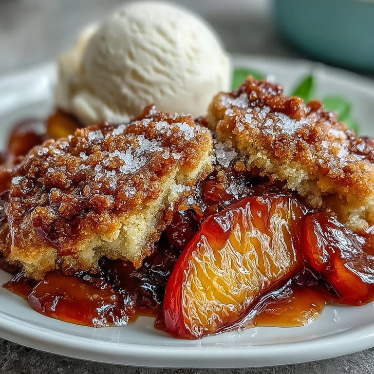 Goldbrauner gebackener Pfirsichkuchen mit saftigen Früchten und perfekt gemachtem Biskuit-Topping.