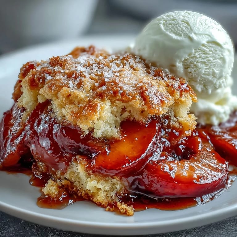 Warmer Pfirsichkuchen mit Biskuit-Topping, serviert mit einer Kugel cremigen Vanilleeis.