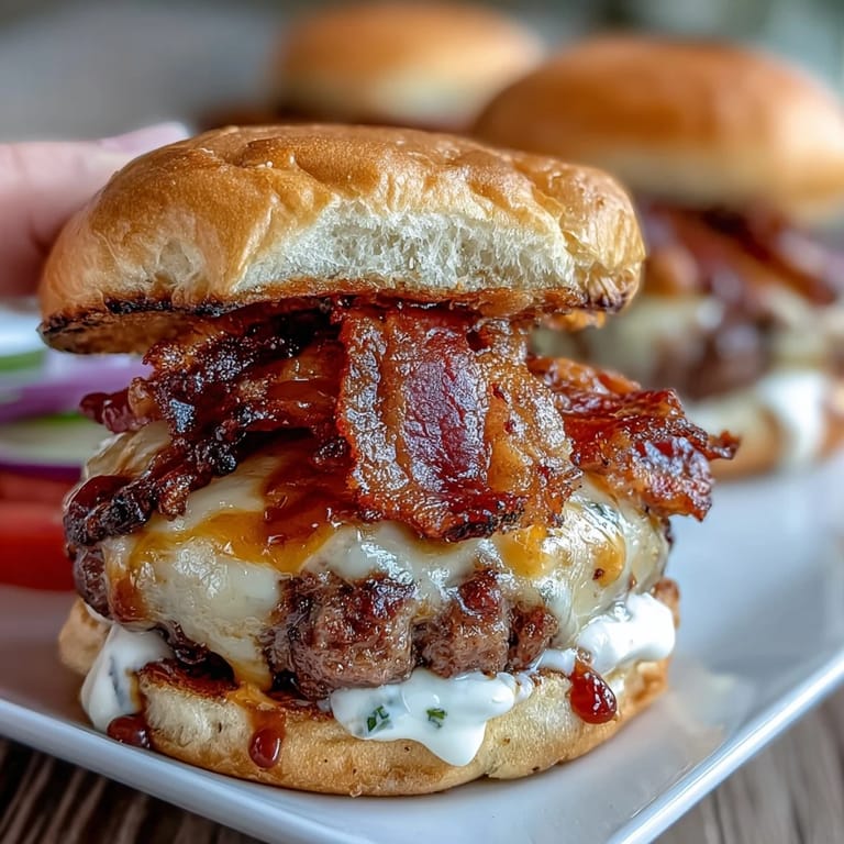 Fertige, leckere Father's Day Grilled Bacon Burger Sliders, bereit zum Servieren mit allem Beilagen.