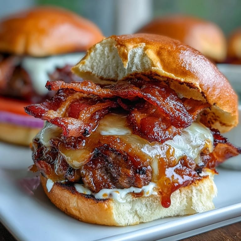 Bild zeigt zarte Father's Day Grilled Bacon Burger Sliders mit schmelzendem Cheddar und frischem Salat.