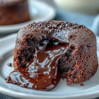 Zwei warme Chocolate Lava Cakes mit flüssigem Kern und einer Tasse Espresso auf dem Tisch, serviert als würzige Nachspeise.