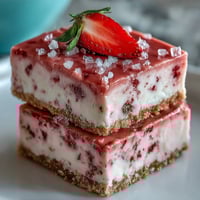 No-Bake Strawberry Fudge Squares mit frischen Erdbeer-Scheiben auf cremigem rosa Fudge und knuspriger Keksboden. 