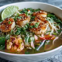Glattgekochte Reisnudeln, Garnelen und Schalentiere in einer würzigen Brühe mit frischem Gemüse im Asian Noodle Bowl.