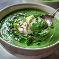 Vibrante Frühlings-Erbsensuppe mit luftigem Ricotta und frischem Minzöl.