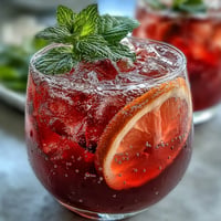 Lebendiger Hibiskus-Minze-Limonade-Mocktail mit sprudelndem Wasser und frischer Zitronengarnitur.