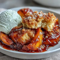 Saftiger Pfirsichkuchen mit buttrigen Keksen, amerikanische Hausmannskost.