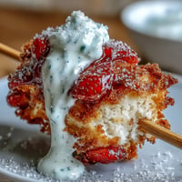Mini-Erdbeer-Shortcake-Bisse auf Spießen, mit frischen Beeren und Sahne.