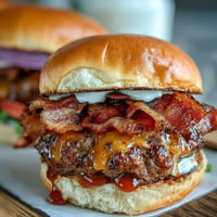 Saftige Mini-Burger für das Vatertags-Grillfest mit knusprigem Speck und geschmolzenem Käse.