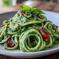 Spiralized Zucchini Noodles with Avocado Pesto, vibrant and tossed with creamy green goodness.
